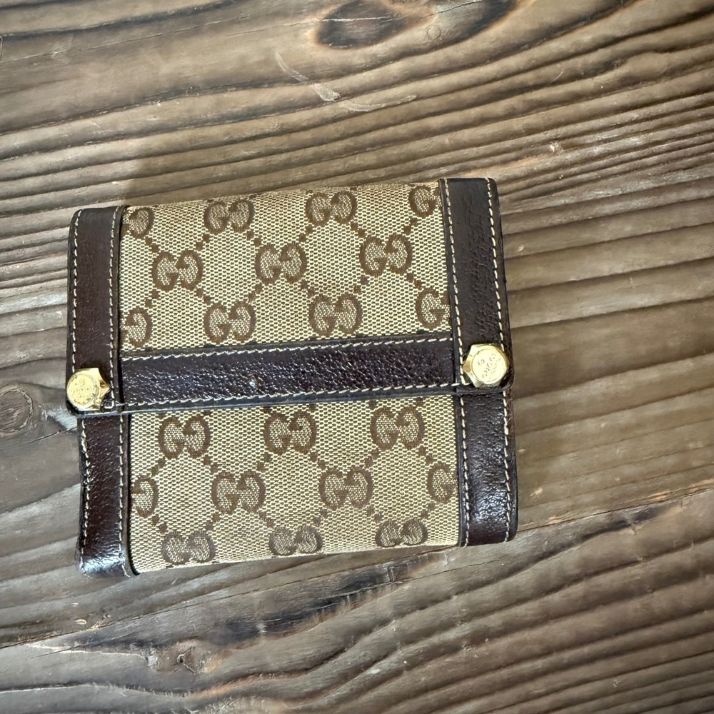 Gucci Monogram Canvas Leather Bifold Wallet Brown Beige‎